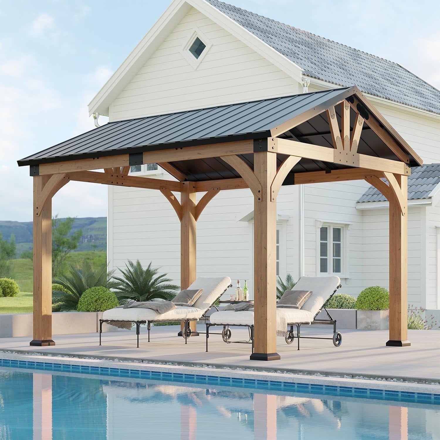Auhilence 10x12 FT Cedar Wood Gazebo, Hardtop Gazebo with Galvanized Steel Peak Roof